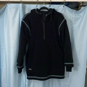 Women’s medium black heavy fleece hooded pullover. Front pocket, waist can cinch